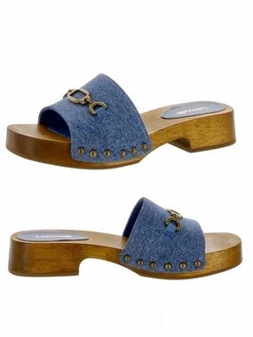 Larroude Zuzi Slip On Studded Embellished Platform Denim Sandals Clogs Size 8